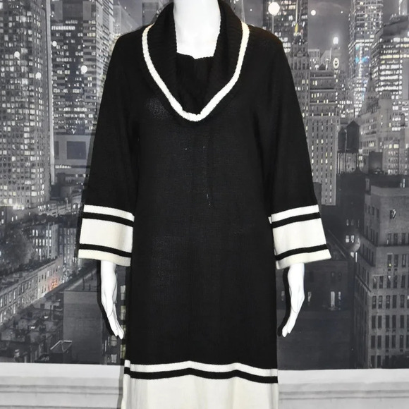 Karin Stevens NWT sz Medium Black and Ivory Cowl Neck 3/4 Sleeve Sweater Dress - Picture 1 of 10